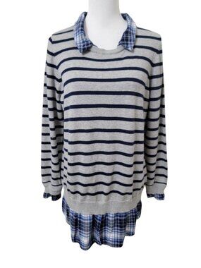 intro. Size 1X Blue & Gray Stripe Sweater over Blue Plaid Flannel Faux Shirt